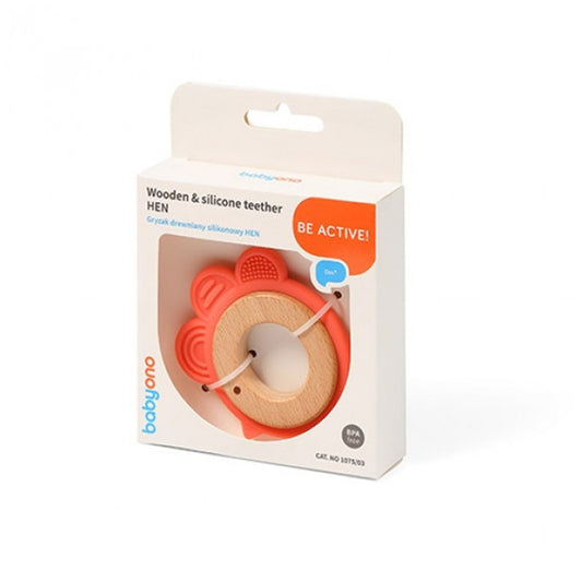 Wooden/silicone gnawing ring Hen, BabyOno, 1075/03