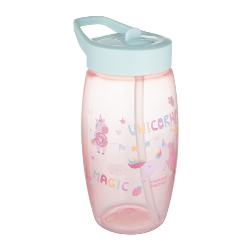 Canpol sporta ūdens pudele bērniem, rozā krāsā ar vienradžiem. Attēlā redzama no priekšpuses ar nolaistu dzeramo snīpi.