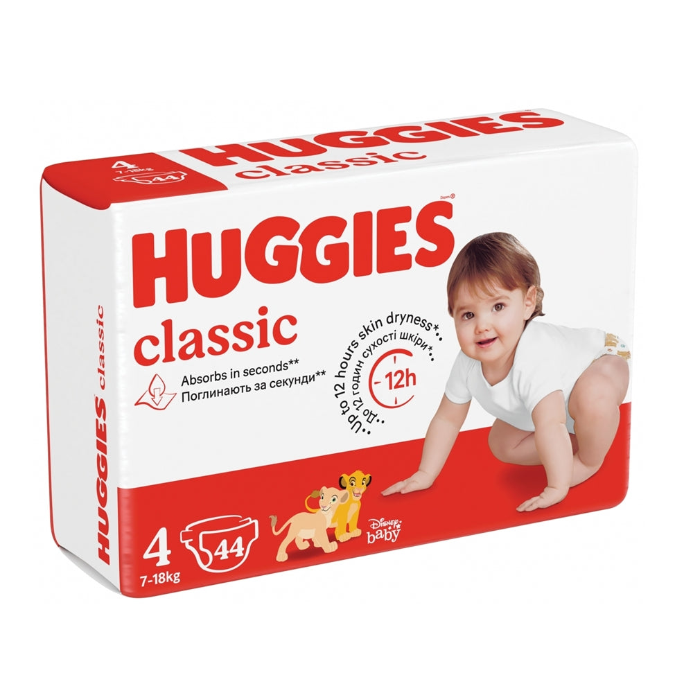 Huggies Classic autiņbiksītes, 4. izmērs mazuļiem 7-18 kg, komplektā 44 gabali.