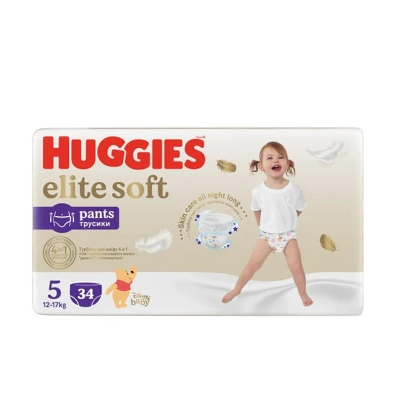 Huggies Elite Soft autiņbiksītes / biksītes, 5. izmērs, mazuļiem 12-17 kg, komplektā 34 gabali.