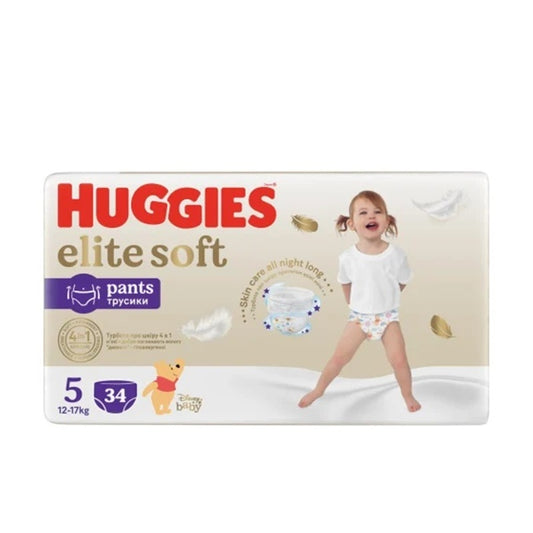 Huggies Elite Soft autiņbiksītes / biksītes, 5. izmērs, mazuļiem 12-17 kg, komplektā 34 gabali.