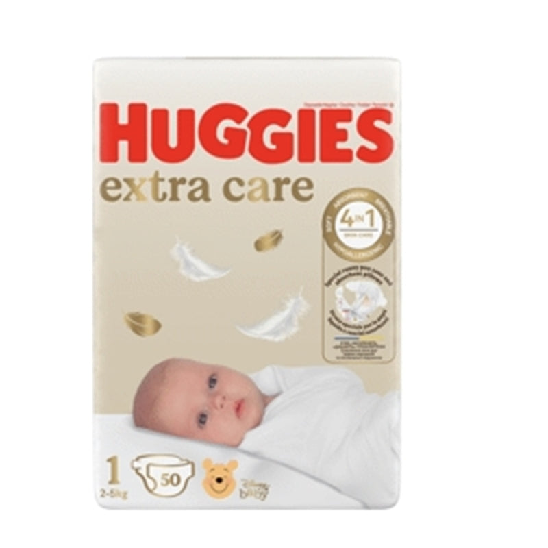 Huggies Extra Care autiņbiksītes, 1. izmērs, jaundzimušajiem 2-5 kg, iepakojumā 50 gabali.