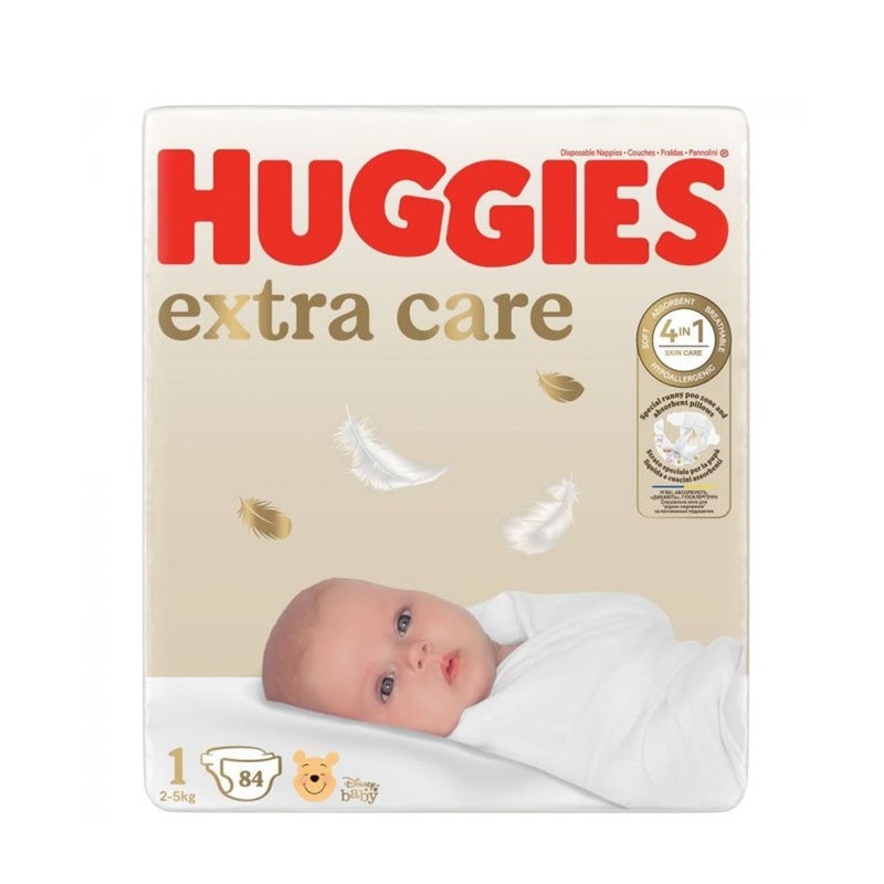 Huggies Extra Care autiņbiksītes, 1. izmērs, jaundzimušajiem 2-5 kg, iepakojumā 84 gabali.