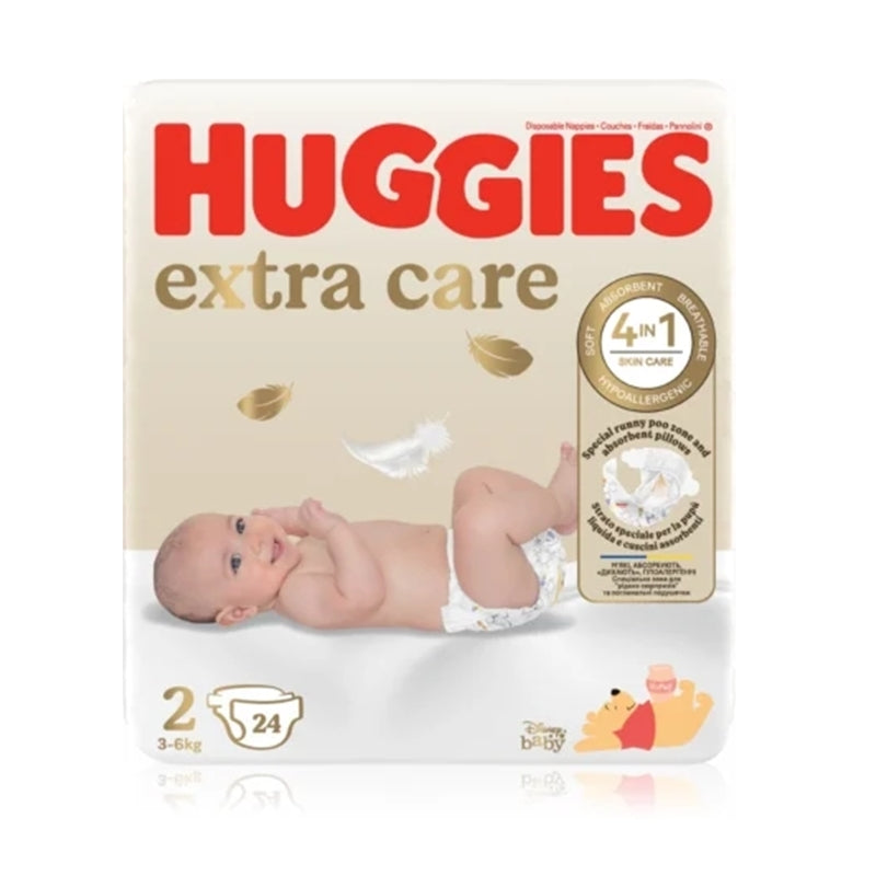 Huggies Extra Care autiņbiksītes, 2. izmērs, jaundzimušajiem 3-6 kg, iepakojumā 24 gabali.