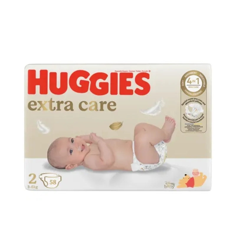 Huggies Extra Care autiņbiksītes, 2. izmērs, jaundzimušajiem 3-6 kg, iepakojumā 58 gabali.