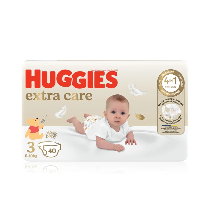 Huggies Extra Care autiņbiksītes, 3. izmērs, mazuļiem 6-10 kg, iepakojumā 40 gabali.