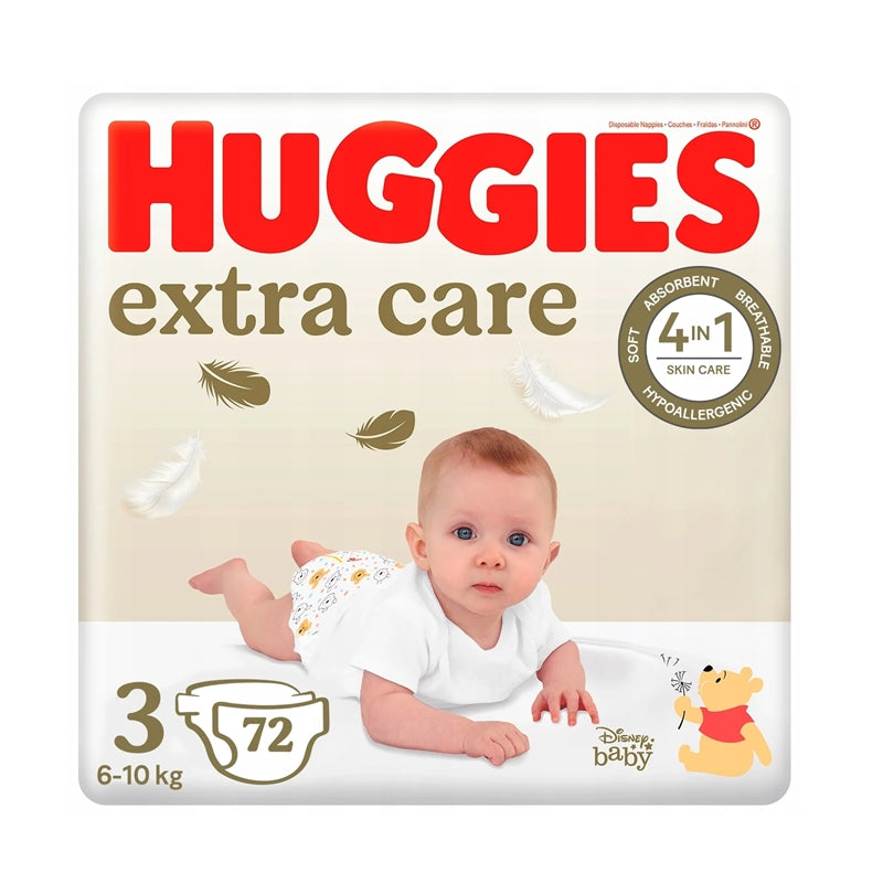 Huggies Extra Care autiņbiksītes, 3. izmērs, mazuļiem 6-10 kg, iepakojumā 72 gabali.