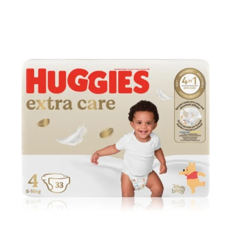 Huggies Extra Care autiņbiksītes, 4. izmērs, mazuļiem 8-16 kg, iepakojumā 33 gabali.