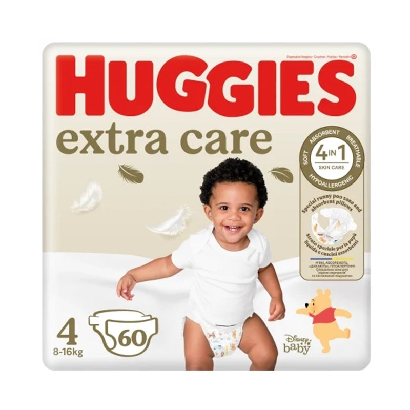 Huggies Extra Care autiņbiksītes, 4. izmērs, mazuļiem 8-16 kg, iepakojumā 60 gabali.