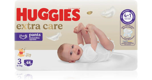 Huggies Extra Care autiņbiksītes / biksītes, 3. izmērs, mazuļiem 6-11 kg, komplektā 48 gabali.