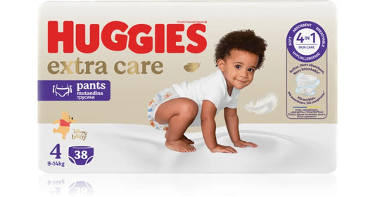 Huggies Extra Care autiņbiksītes / biksītes, 4. izmērs, mazuļiem 9-14 kg, komplektā 38 gabali.