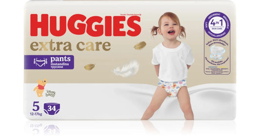 Huggies Extra Care autiņbiksītes / biksītes, 5. izmērs, mazuļiem 12-17 kg, komplektā 34 gabali.