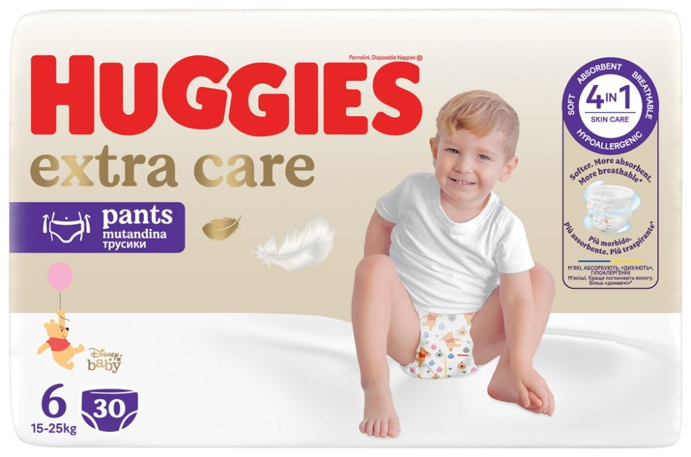 Huggies Extra Care autiņbiksītes / biksītes, 6. izmērs, mazuļiem 15-25 kg, komplektā 30 gabali.