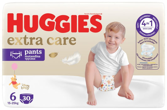 Huggies Extra Care autiņbiksītes / biksītes, 6. izmērs, mazuļiem 15-25 kg, komplektā 30 gabali.