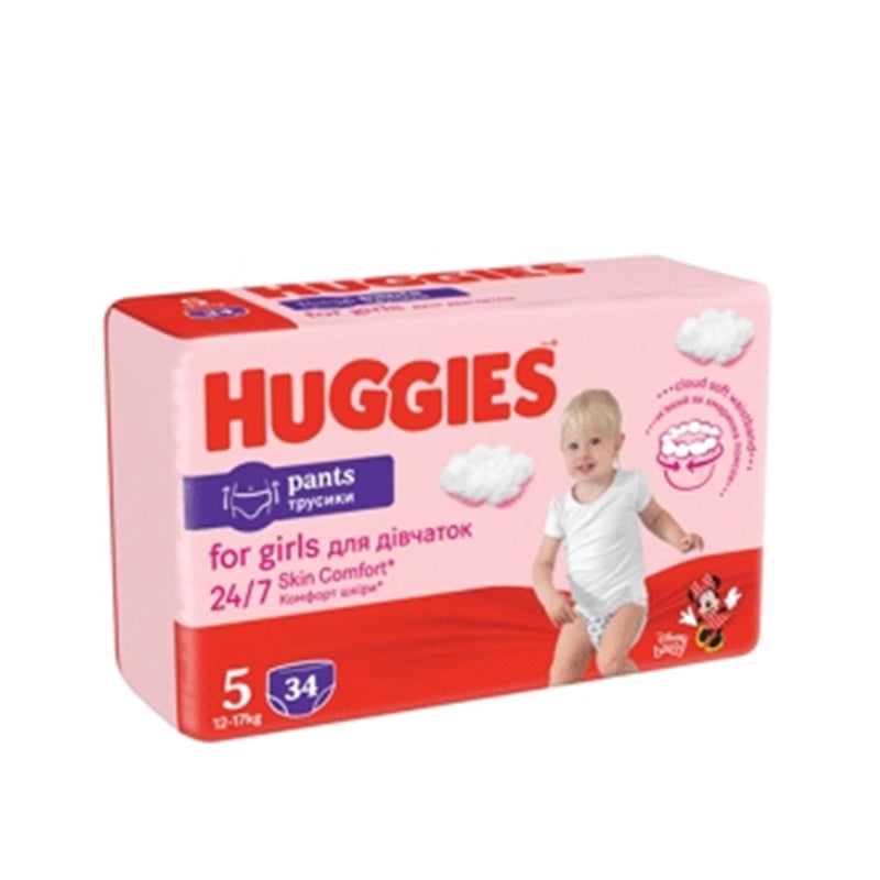 Huggies Pants Girl autiņbiksītes / biksītes, 5. izmērs, mazuļiem 12-17 kg, iepakojumā 34 gabali.