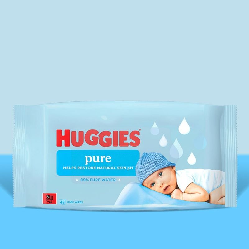 Huggies Pure mitrās salvetas. 48 gab. iepakojumā, redzams no priekšpuses