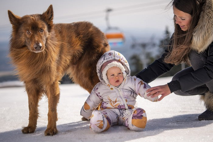 Lodger Skier Empire kombinezons, Lotus, SK 500, redzama priekša, bildē mazulis sēž uz sniega kombinezonā.
