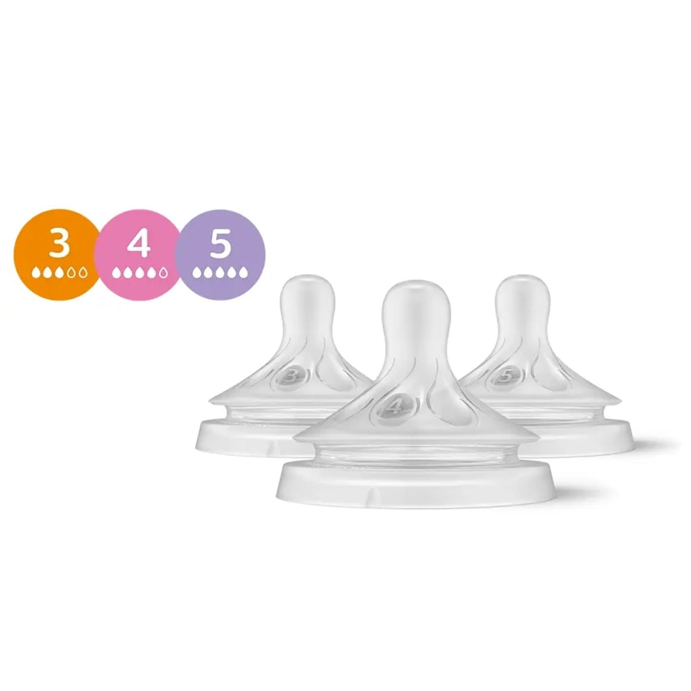 Philips Avent Natural Response barošanas pudeļu silikona knupīšu komplekts, redzami 3 silikona pudeļu knupīši.