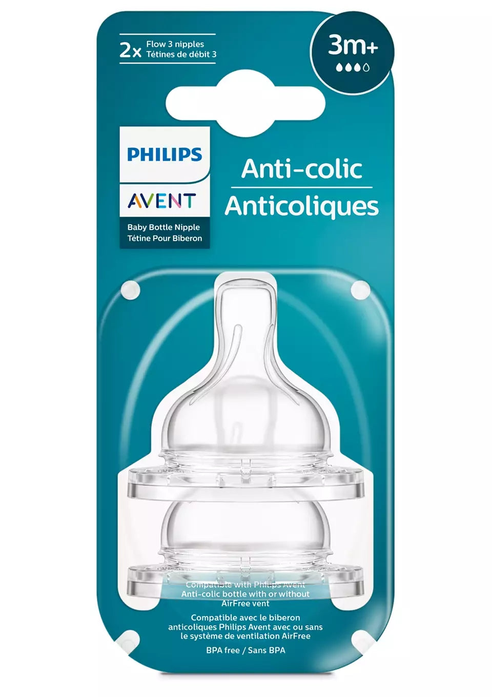 Silicone teat for feeding bottle, Classic, 3M+, Philips Avent, SCY763/02