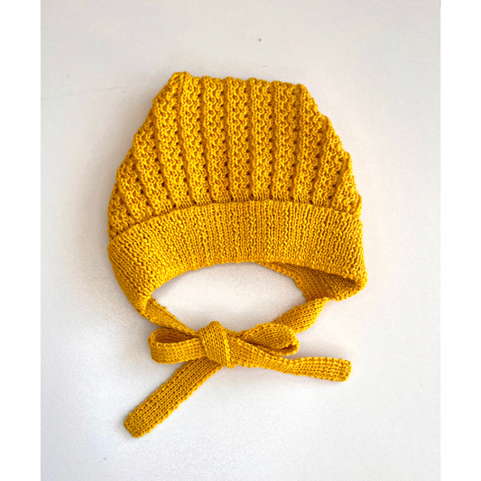 Knitted tie-on hat, yellow, 0-3 months, BBcollection, 010