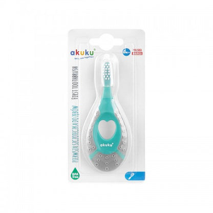 Akuku pirmā zobu birstīte mazuļiem. Zaļā un pelēkā krāsā, redzama no priekšpuses iepakojumā.