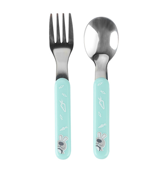 Babyono galda piederumu komplekts, redzams dizains zaļā krāsā no priekšpuses.