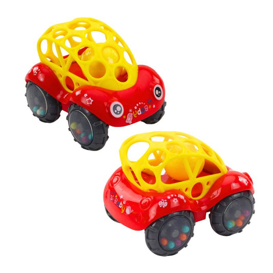 Bērna grabulīša auto sensorai attīstībai. Sarkanā un dzeltenā krāsā, attēlā redzama no priekšpuses un sāna.