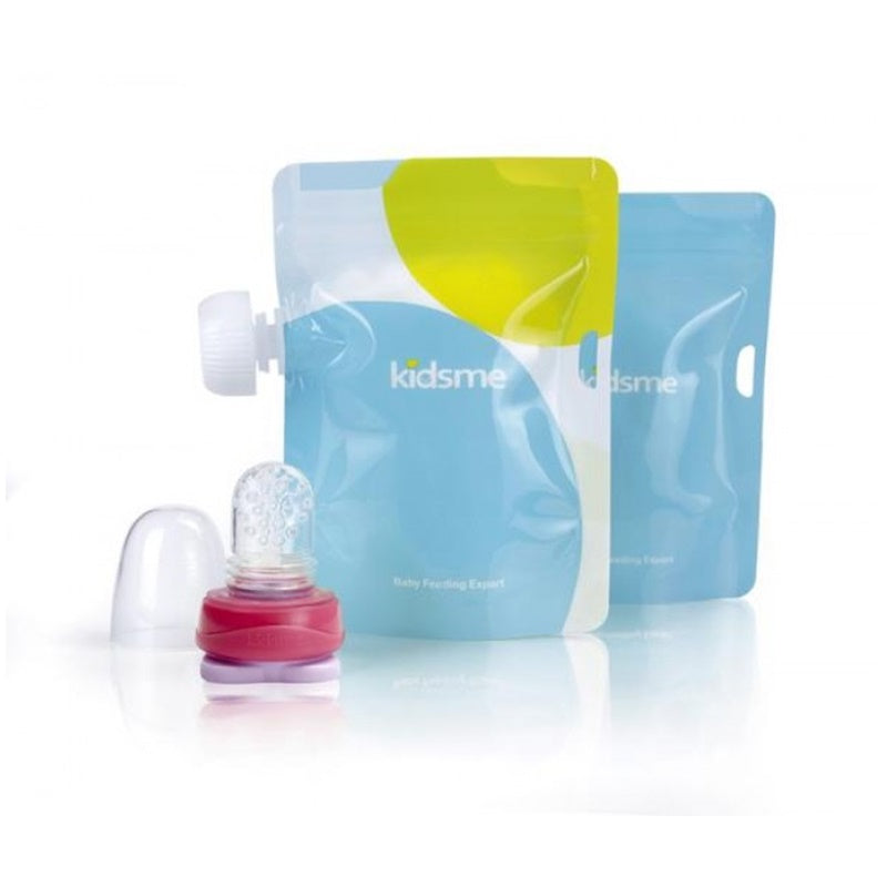 Kidsme Reusable Food Pouch Adaptera Komplekts, redzmas no priekšpuses ar rozā silikona uzgali
