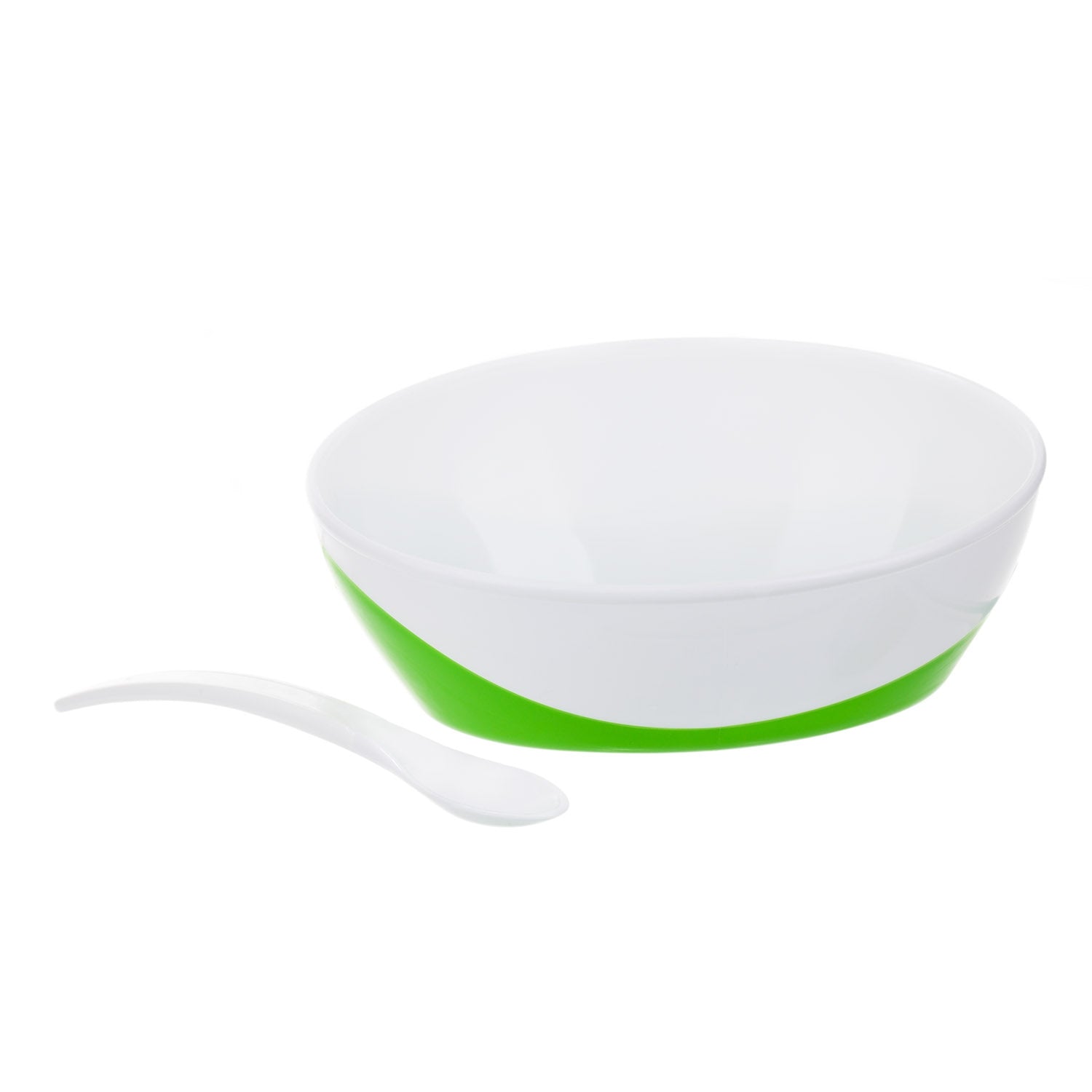 Canpol bļoda ar karotīti un vāciņu. Redzama zaļā krāsā atvērta bez vāciņa