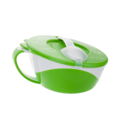 Canpol bļoda ar karotīti un vāciņu. Redzama zaļā krāsā, no sāna.