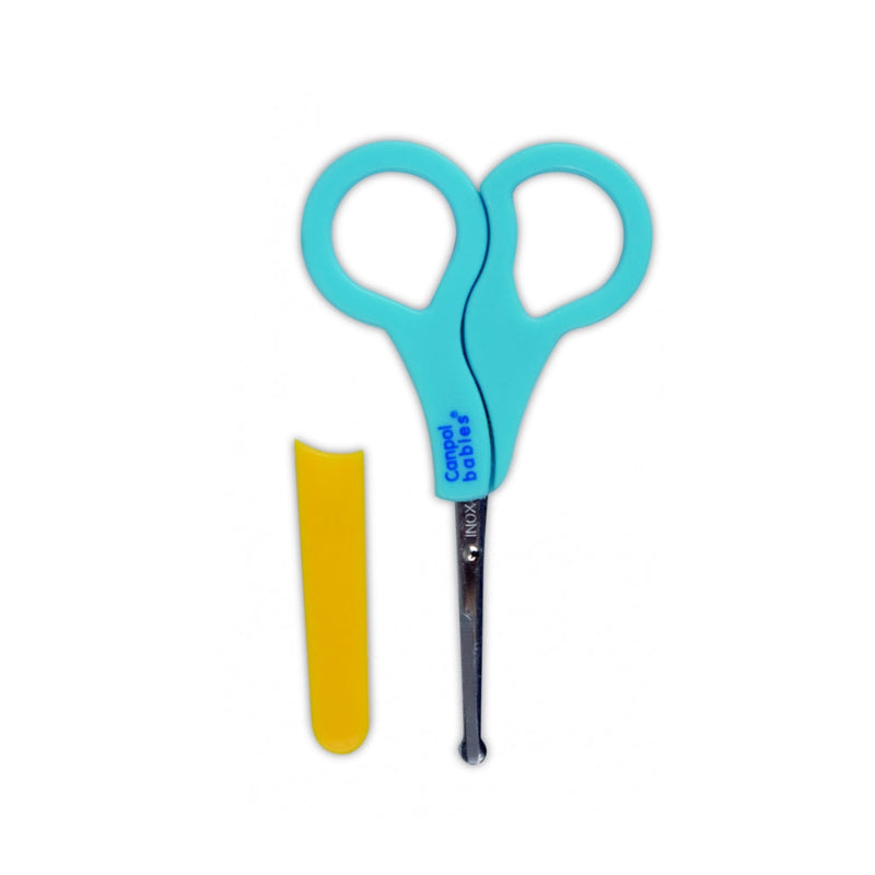 Canpol nagu šķērītes ar noapaļotiem galiem mazulīšiem. Redzamas zilā krāsā, no priekšpuses.