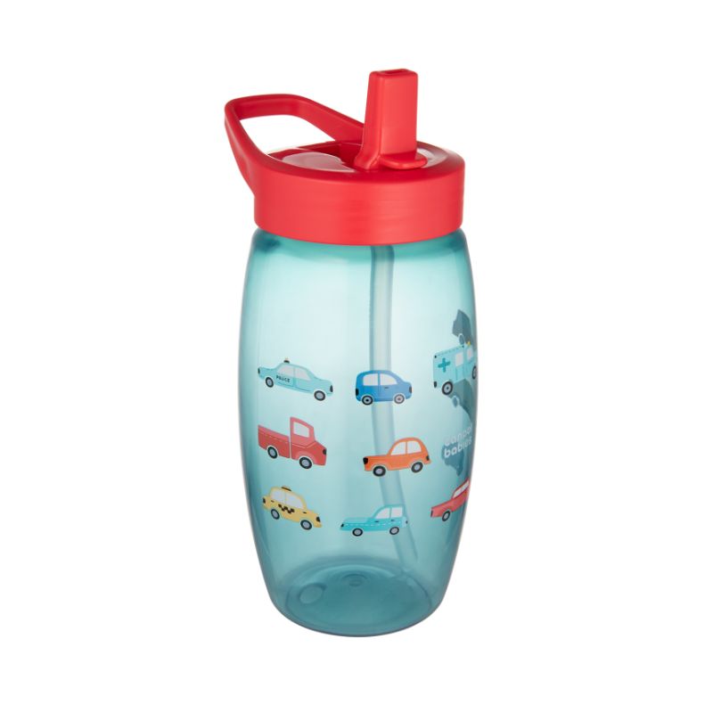 Canpol bērnu sporta dzeramā pudele, zila ar auto zīmējumiem. Attēlā redzama no priekšpuses ar paceltu dzeramo snīpi.