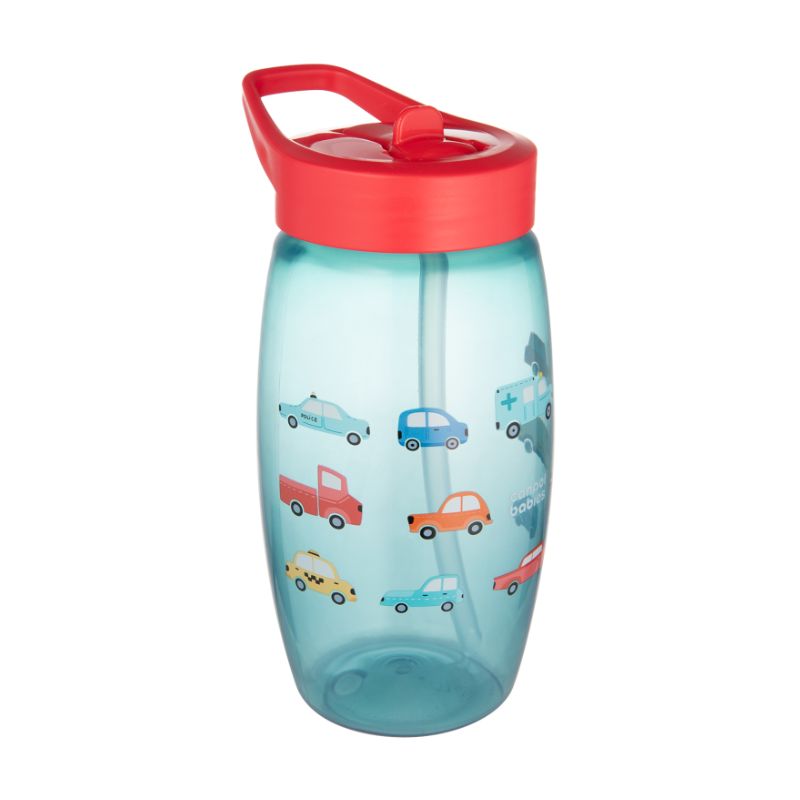 Canpol bērnu sporta dzeramā pudele, zila ar auto zīmējumiem. Attēlā redzama no priekšpuses ar noslaistu dzeramo snīpi.