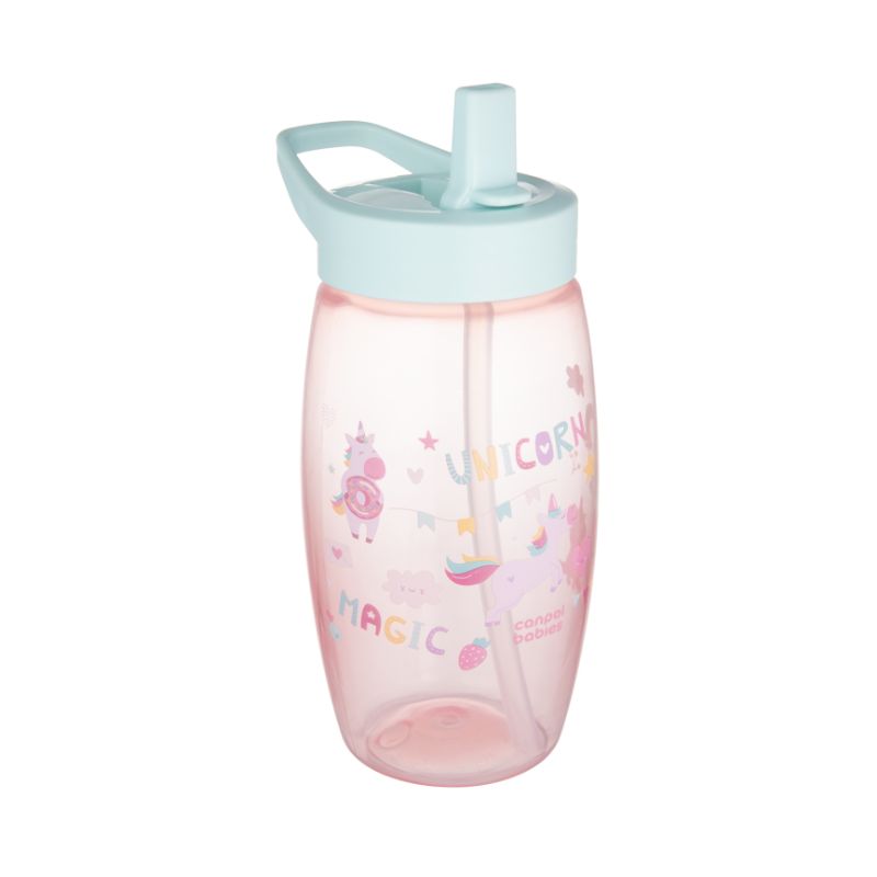 Canpol sporta ūdens pudele bērniem, rozā krāsā ar vienradžiem. Attēlā redzama no priekšpuses ar paceltu dzeramo snīpi.