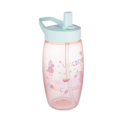 Canpol sporta ūdens pudele bērniem, rozā krāsā ar vienradžiem. Attēlā redzama no priekšpuses ar paceltu dzeramo snīpi.