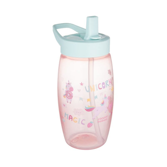 Canpol sporta ūdens pudele bērniem, rozā krāsā ar vienradžiem. Attēlā redzama no priekšpuses ar paceltu dzeramo snīpi.