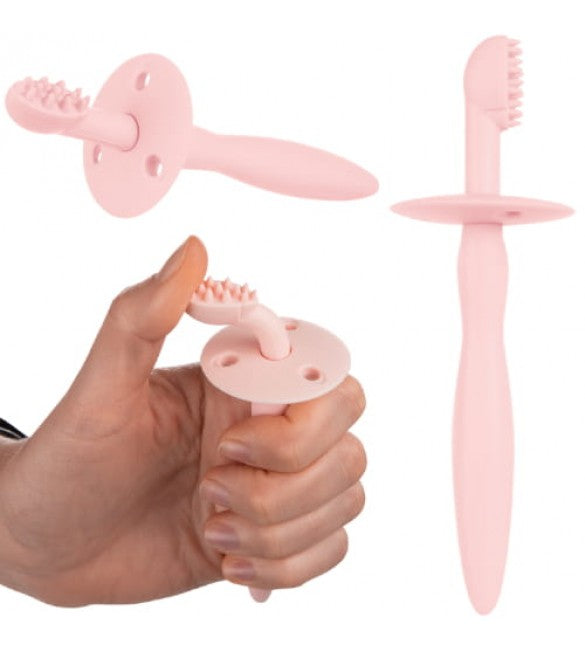 Canpol silikona zobu birste mazuļiem, rozā krāsā redzama tuvplānā.