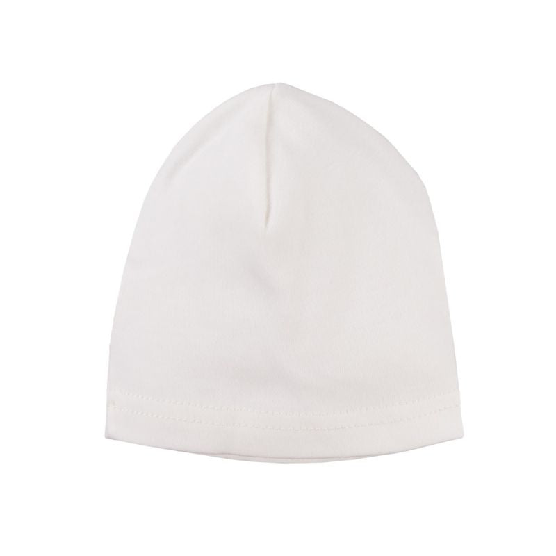 Kokvilnas trikotāžas cepurīte mazulītim. Piemērota 0-2 mēnešiem. Piena baltā krāsā.