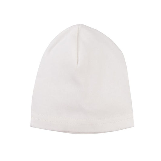 Kokvilnas trikotāžas cepurīte mazulītim. Piemērota 0-2 mēnešiem. Piena baltā krāsā.