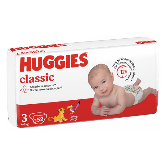 Huggies Classic autiņiksītes mazuļiem 4-9 kg, 3 izmērs, komplektā 52 gabali.