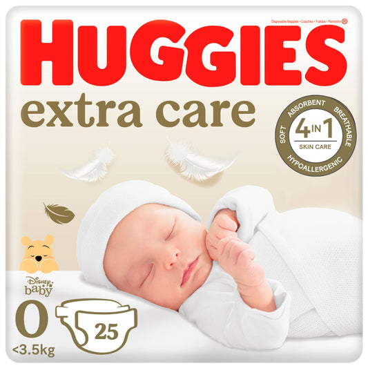 Huggies Extra Care autiņbiksītes, 0. izmērs, jaundzimušajiem līdz 3,5 kg, komplektā 25 gabali.