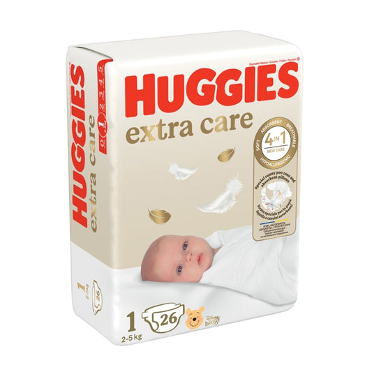 Huggies Extra Care autiņbiksītes, 1. izmērs, jaundzimušajiem 2-5 kg, iepakojumā 26 gabali.