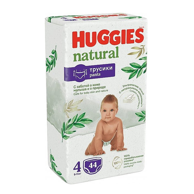 Huggies Natural Pants autiņbiksītes / biksītes, 4. izmērs, mazuļiem 9-14 kg, iepakojumā 44 gabali.