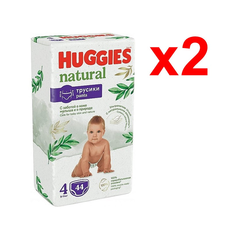 Huggies Natural Pants autiņbiksītes / biksītes, 4. izmērs, mazuļiem 9-14 kg, komplektā 2 iepakojumi, katrā 44 gabali.
