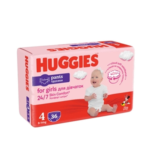 Huggies Pants Girl autiņbiksītes / biksītes, 4. izmērs, mazuļiem 9-14 kg, iepakojumā 36 gabali.