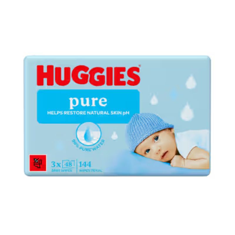 Huggies Pure mitrās salvetes lielais iepakojums, kurā ir 3x48gab. Redzams no priekšpuses