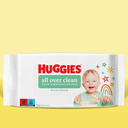 Huggies all over clean mitrās salvetes. Iepakojumā 56 gab., redzams iepakojums no priekšpuses.