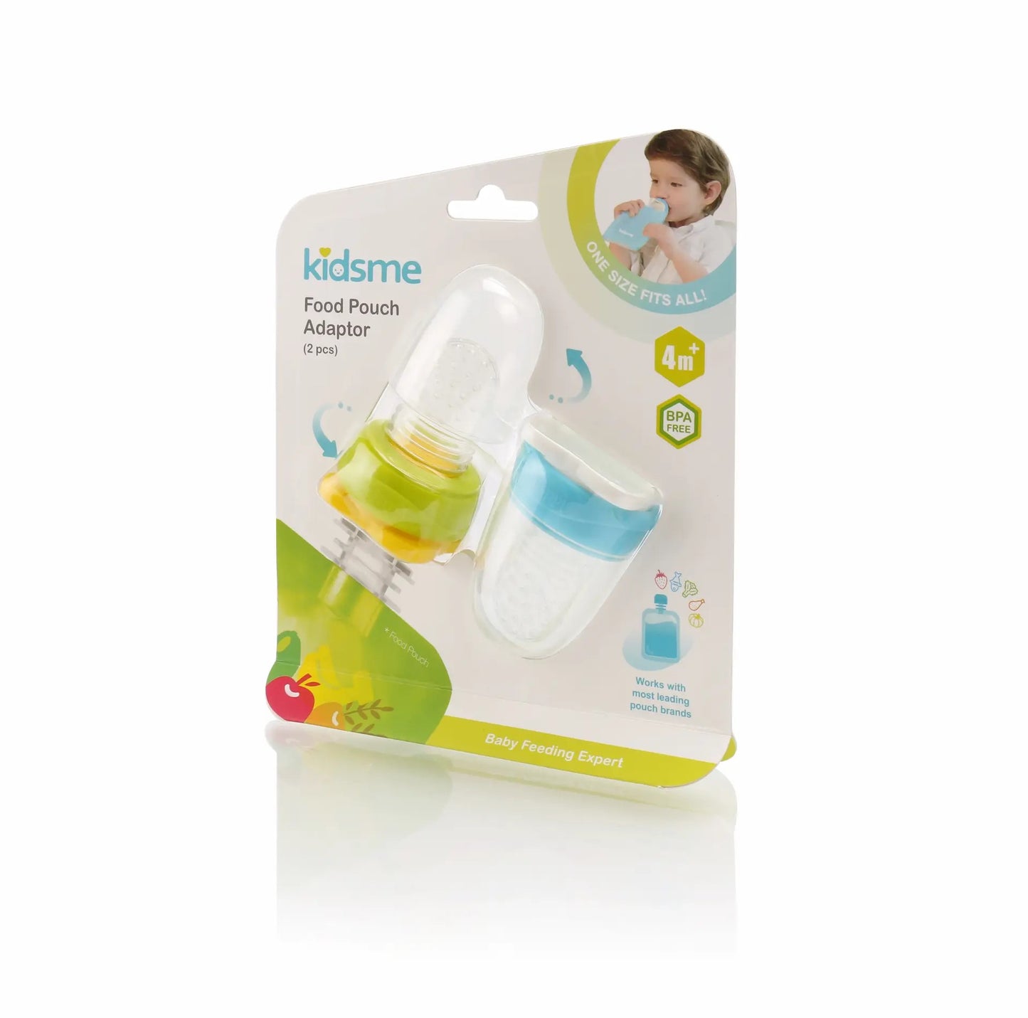 Kidsme adapteris biezenīšu ēdināšanai no stāvpakām. Redzamas zilā + zaļā krāsa iepakojumā.