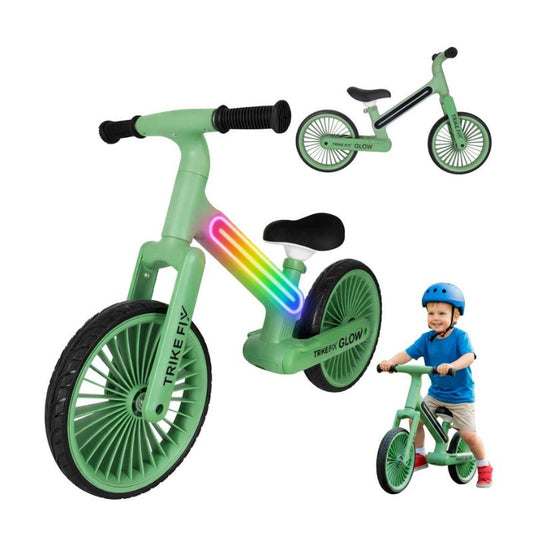 Bērnu līdzsvara velosipēds koši zaļā krāsā ar led apgaismojumu, piemērots no 2 gadu vecuma.