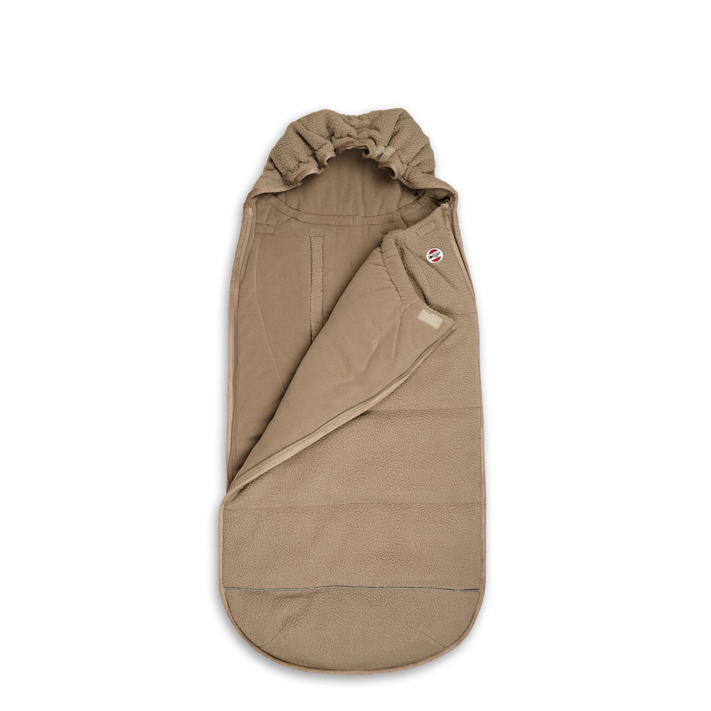 Lodger Mini Bunker Teddy vissezonas guļammaiss beige krāsa, redzama priekša pusatvērtā veidā.
